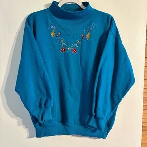 Vintage Colter Bay Sport Blue Ribbed Mock Neck Sweatshirt with leaf embroidery